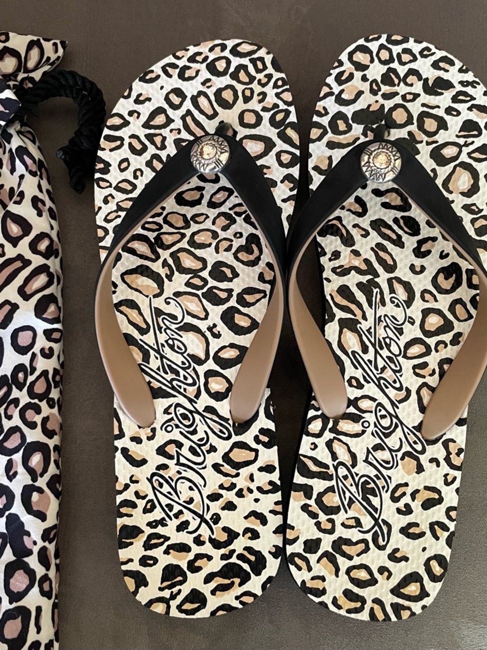 New Brighton Leopard Print Flip Flop Sandals with Black Straps